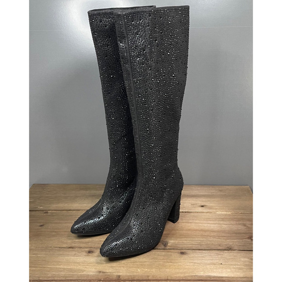 Top Moda Women's Mariha Knee High Boots Size 6.5 Black Rhinestone Zip Bling - Picture 5 of 16